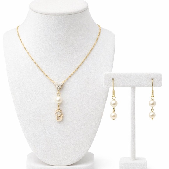 Jewelry - Elegant Cat Lover Gold Pearl Pendant Necklace and Earrings Set